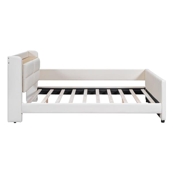 Full Size Upholstered Platform Bed with Guardrail, Storage Headboard and Footboard, Beige