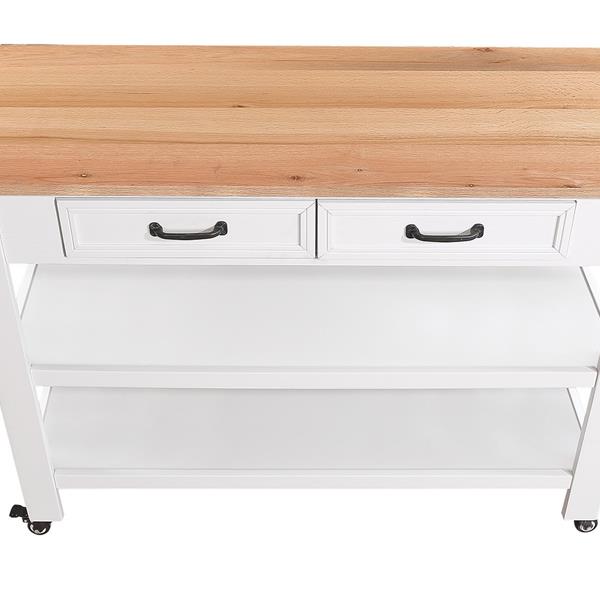 57 inch Rolling Kitchen Island with Storage,Kitchen Cart with Solid OAK Wood Top,Two-sided Kitchen island Cart on Wheels ,Wine and Spice Rack, Large Kitchen Cart with 2 Drawers, Milk White+Natural Top