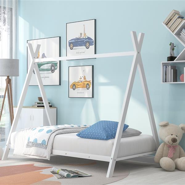 House Bed Tent Bed Frame Twin Size Metal Floor Play House Bed with Slat for Kids Girls Boys , No Box Spring Needed White