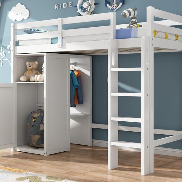 Twin Loft Bed with Wardrobe, Storage Shelves and Ladder, White