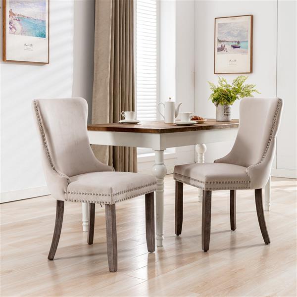 Furniture,Upholstered Wing-Back Dining Chair with Backstitching Nailhead Trim and Solid Wood Legs,Set of 2, Beige