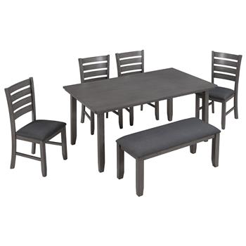 Dining Room Table and Chairs with Bench, Rustic Wood Dining Set, Set of 6 (Gray)