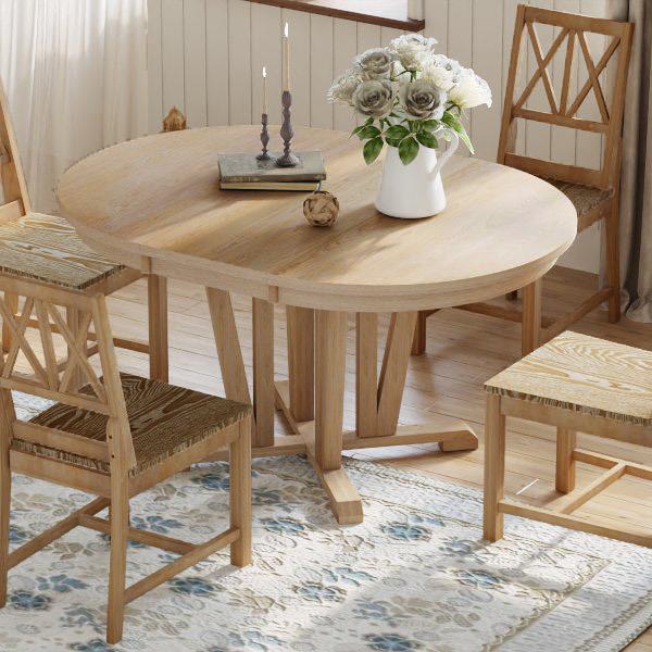 Rustic 5-Piece Extendable Dining Table Set Round Trestle Table and 4 Cross Back Dining Chairs for Kitchen, Dining Room, Natural