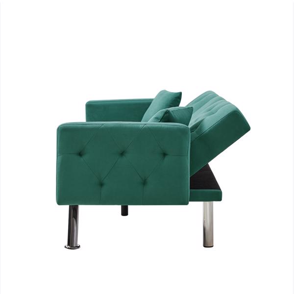 Dark Green Linen Convertible Sofa and Bed, Square Arm Armrests, Can Hold Water Cup, Two Pillow