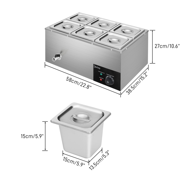 ZOKOP 110V 1200W 3L*6 Stainless Steel Small Six Plates Heating Food Warming Soup Pool Silver