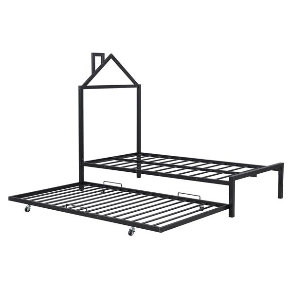 Twin Size Metal Platform Bed with twin size trundle,House-Shaped Headboard Design, Black