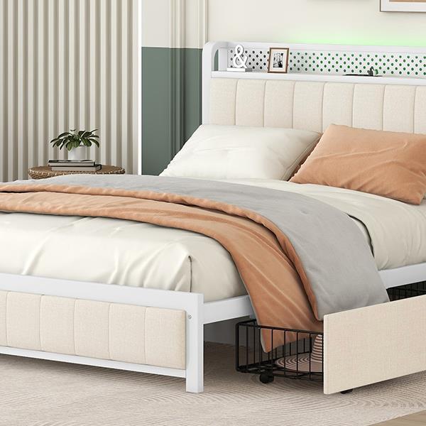 Queen Bed Frame with LED Headboard, Upholstered Bed with 4 Storage Drawers and USB Ports, Beige