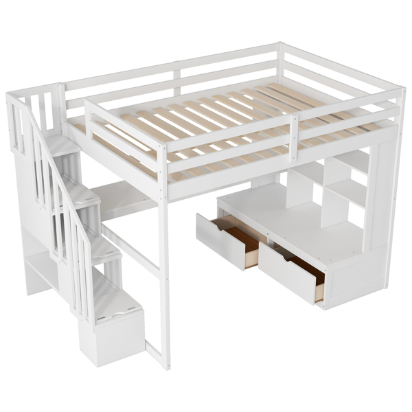 Full Size Loft Bed with Desk and Shelves, Two Built-in Drawers, Storage Staircase, White 