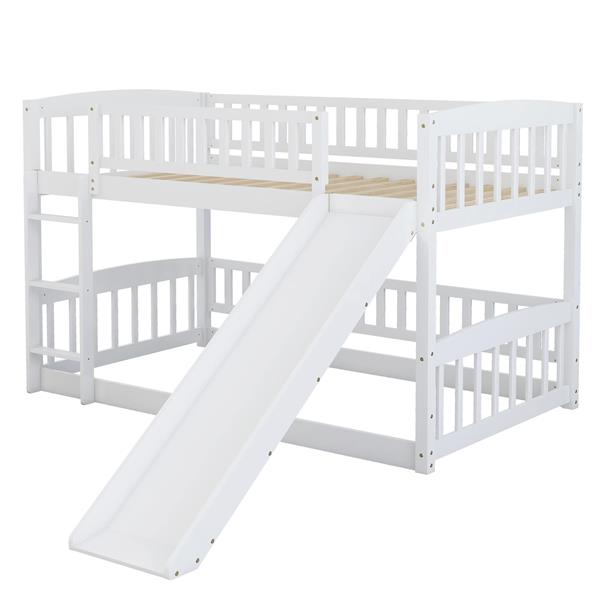 Bunk Bed with Slide,Twin Over Twin Low Bunk Bed with Fence and Ladder for Toddler Kids Teens White