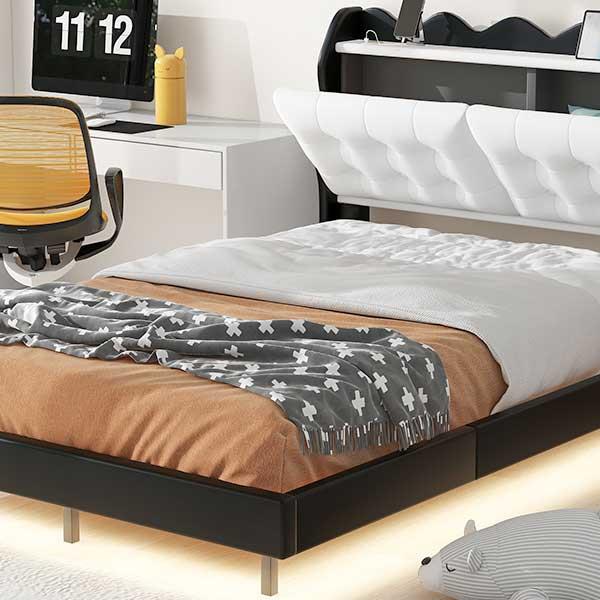 Full Size Upholstery Platform Bed Frame with LED Light Strips and Built-in Storage Space,Black