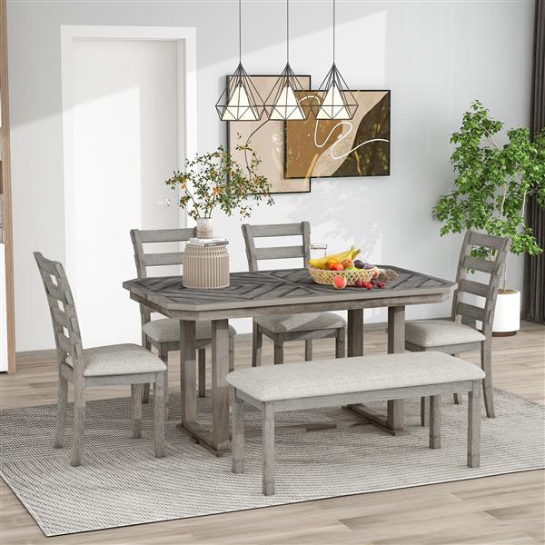 6-Piece Rubber Wood Dining Table Set with Beautiful Wood Grain Pattern Tabletop Solid Wood Veneer and Soft Cushion (Gray)