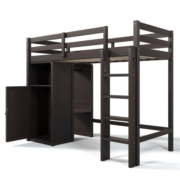 Twin Loft Bed with Wardrobe, Storage Shelves and Ladder, Espresso