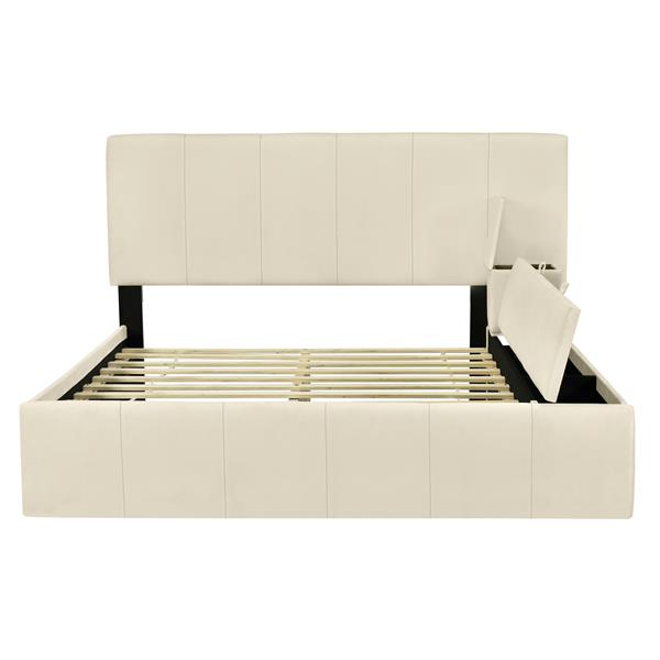 Full Size Upholstered Platform Bed with Lateral Storage Compartments and Thick Fabric, Velvet, Beige