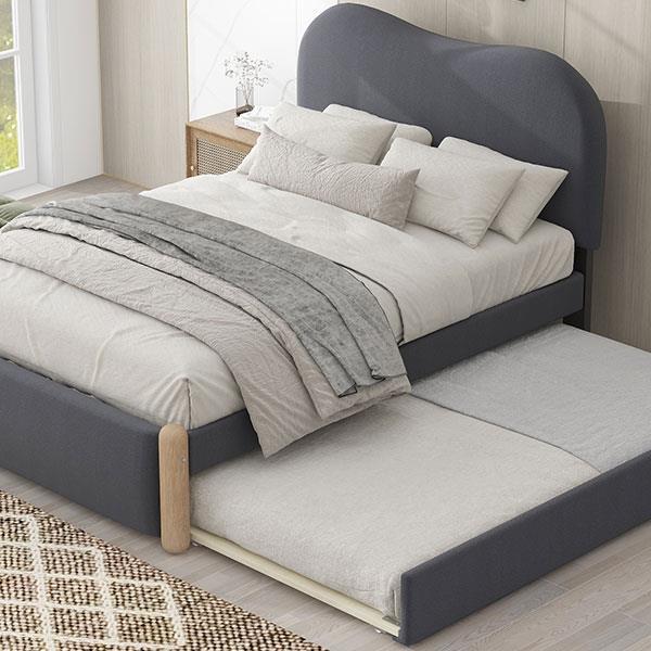 Twin Size Upholstered Platform Bed with Wood Supporting Feet and Twin Size Trundle, Gray