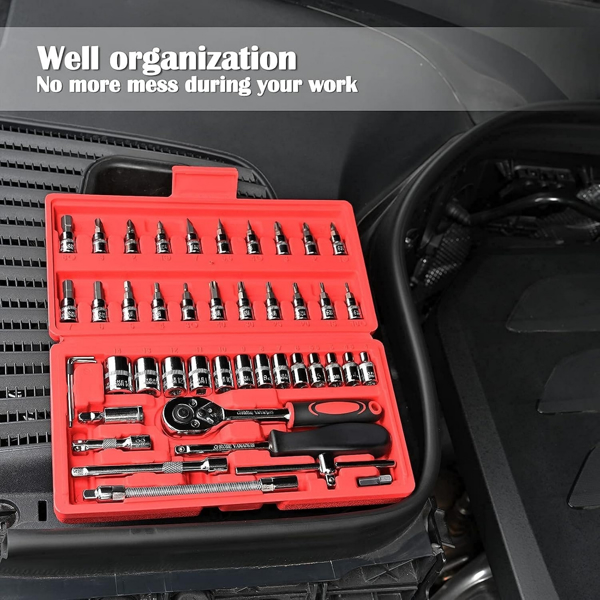 46 Pieces 1/4 inch Drive Socket Ratchet Wrench Set, with Bit Socket Set Metric and Extension Bar for Auto Repairing and Household, with Storage Case，red