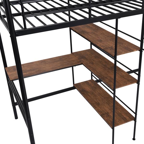 Twin Size Metal Loft Bed and Built-in Desk and Shelves,Black