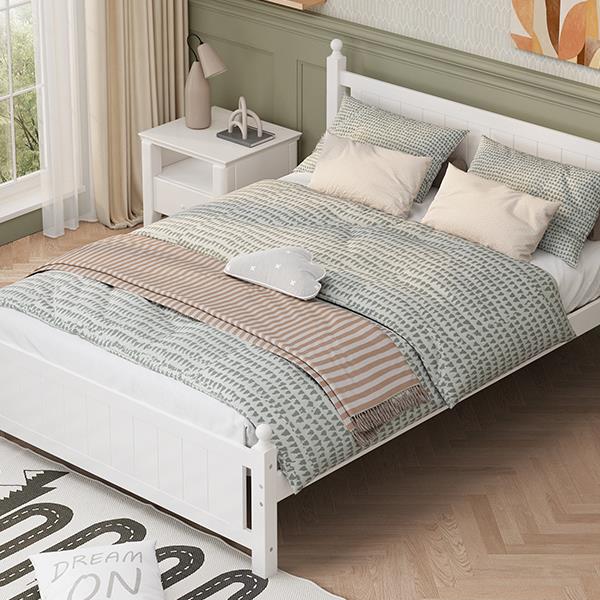 Queen Size Solid Wood Platform Bed Frame for Kids, Teens, Adults, No Need Box Spring, White