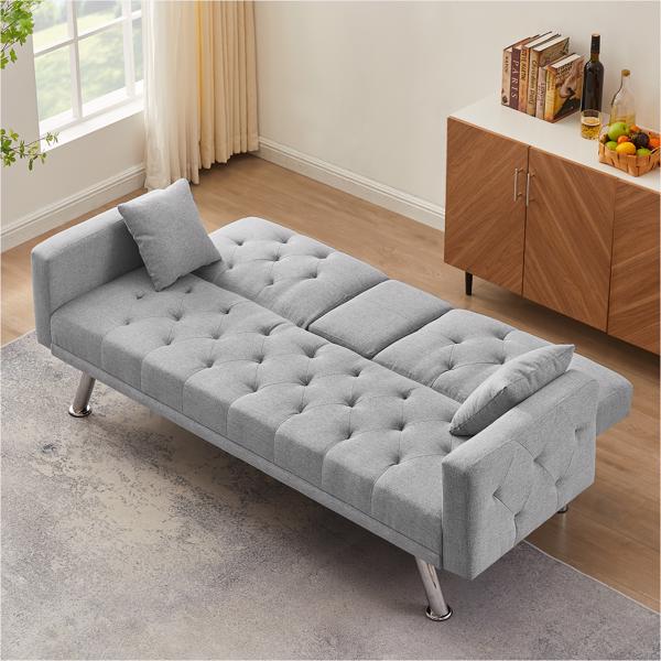 Grey Linen Convertible Sofa and Bed, Square Arm Armrests, Can Hold Water Cup, Two Pillow