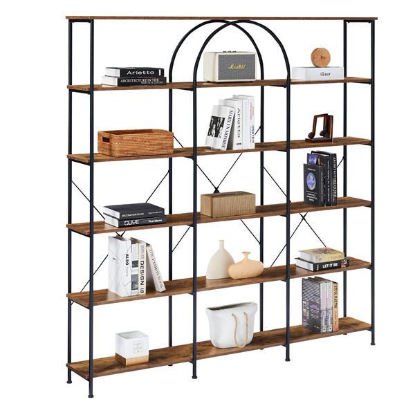 6 Tier Bookcase Home Office Open Bookshelf, Vintage Industrial Style Shelf with Metal Frame, MDF Board, Brown