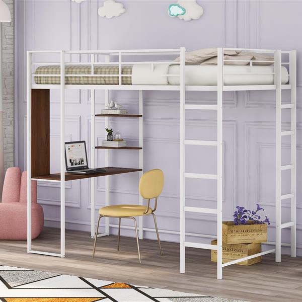 Twin Metal Loft Bed with 2 Shelves and one Desk ,WHITE