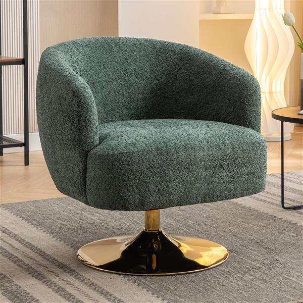 048-Chenille Fabric Swivel Chair With Gold Metal Round Base,Green