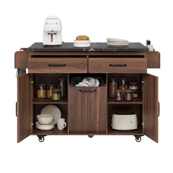 Kitchen Island with Trash Can Storage Cabinet, Kitchen Cart with Drop Leaf, Spice Rack, Towel Rack and Drawer, Rolling Kitchen Island on Wheels with Adjustable Shelf, Walnut Brown