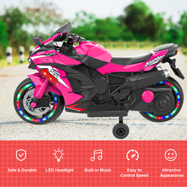 12V Electric Motorcycle for Kids, Powered Toy Motorcycle, Child Motorcycle Ride On with Light Wheels and Bluetooth Music Pink (No shipping on weekends)