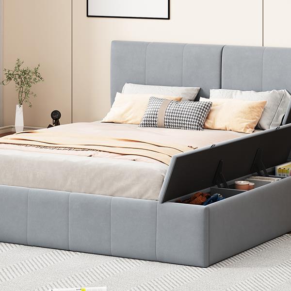 Queen Size Upholstered Platform Bed with Lateral Storage Compartments and Thick Fabric, Velvet, Gray