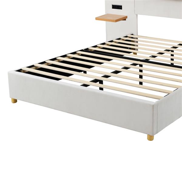 Queen Size Upholstered Platform Bed, Two Outlets and USB Charging Ports on Both Sides, Two Bedside Pillows, Storage Shelves, Beige