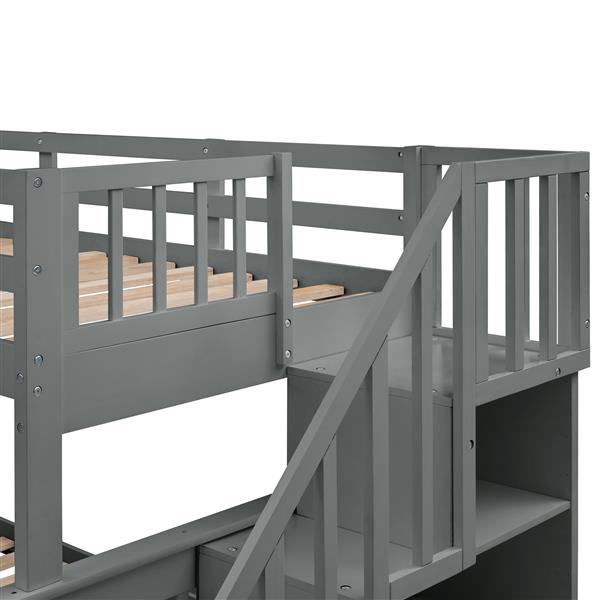 Stairway Twin-Over-Full Bunk Bed with Storage and Guard Rail for Bedroom, Gray color