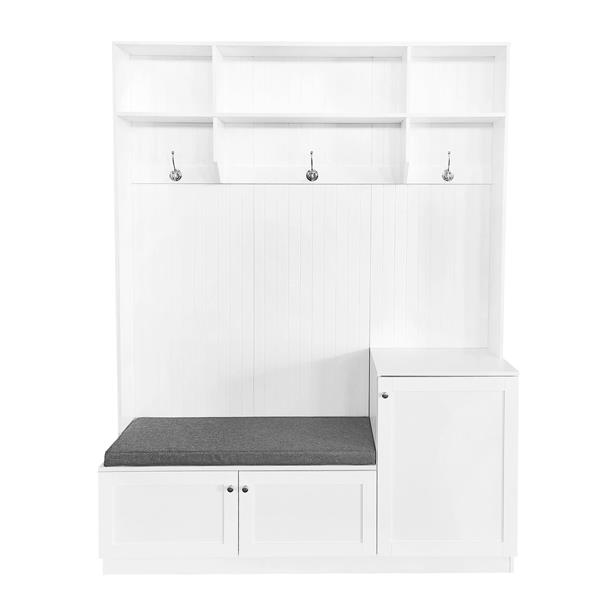 Elegant Design Hall Tree with Comfort and Storage Solutions, Functional Hallway Shoe Cabinet with Bench&Cushion, Modern Coat Rack with Hooks for Entryways, White