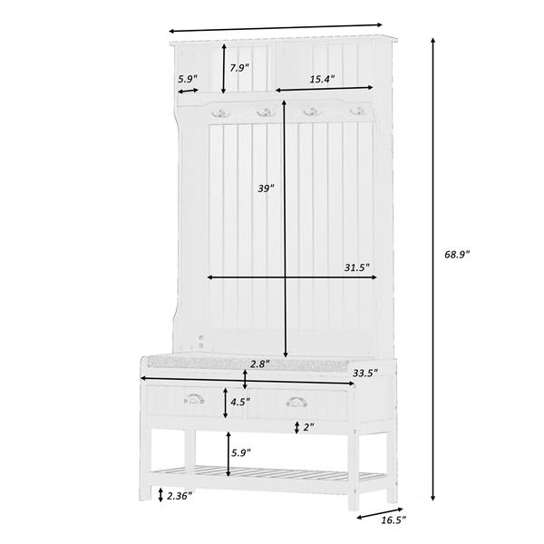 Hall Tree with 4 Hooks and Hinged Lid, Coat Hanger, Entryway Bench, Storage Bench, 3-in-1 Design, 69INCH, for Entrance, Hallway