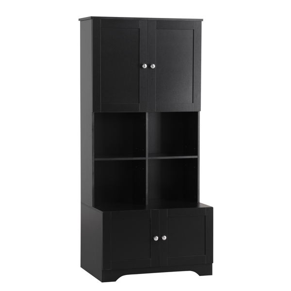 Tall and Wide Bathroom Floor Storage Cabinet, Bathroom Storage Unit, Freestanding Cabinet with 4 Doors, Adjustable Shelves, Open multi-layer Shelves, Black 