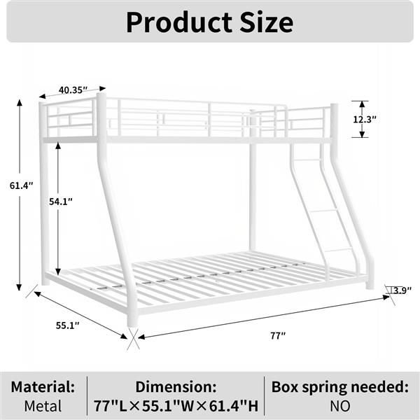 Metal Bunk Bed Twin Over Full Size with Removable Stairs, Heavy Duty Sturdy Frame with 12" Under-Bed Storage for Teen & Adults, Teens, No Box Spring Needed, White