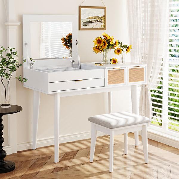 43.3" Classic Wood Makeup Vanity Set with Flip-top Mirror and Stool, Dressing Table with Three Drawers and storage space, White