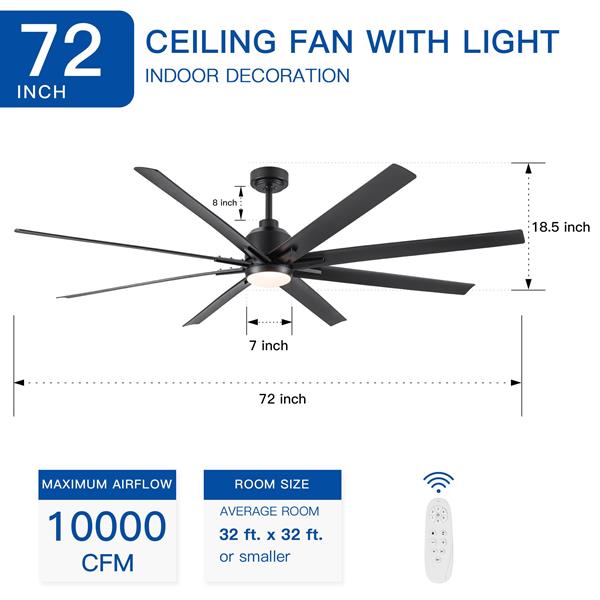 72" Supper Large Integrated LED Light Ceiling Fan with Black ABS Blade