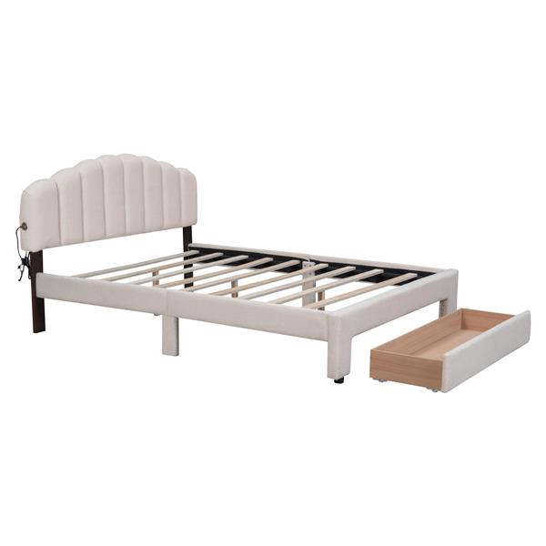 Teddy Fleece Queen Size Upholstered Platform Bed with Drawer, Beige