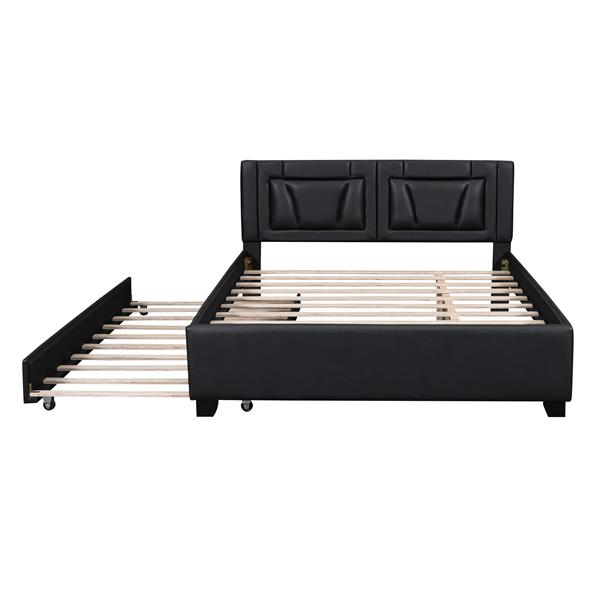 Queen Size Upholstered Platform Bed with Headboard and Twin Size Trundle, Black