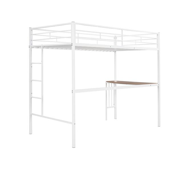 Twin Metal Loft Bed with Desk, Ladder and Guardrails, Loft Bed for Bedroom, White