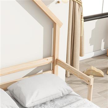 Full House-Shaped Headboard Bed with Handrails ,slats\\n,Natural