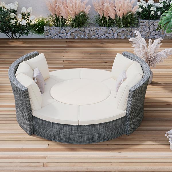 Patio 5-Piece Round Rattan Sectional Sofa Set All-Weather PE Wicker Sunbed Daybed with Round Liftable Table and Washable Cushions for Outdoor Backyard Poolside, Beige