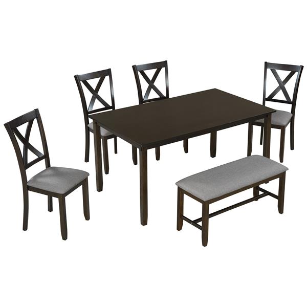 6-Piece Kitchen Dining Table Set Wooden Rectangular Dining Table, 4 Fabric Chairs and Bench Family Furniture (Espresso)