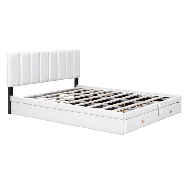 Queen Size Upholstered Bed with Hydraulic Storage System and Drawer, White