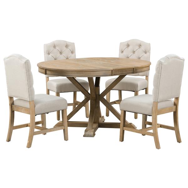 Functional Furniture Retro Style Dining Table Set with Extendable Table and 4 Upholstered Chairs for Dining Room and Living Room(Natural Wood Wash)