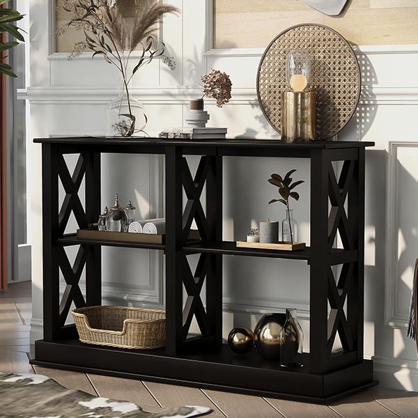 Console Table with 3-Tier Open Storage Spaces and "X" Legs, Narrow Sofa Entry Table for Living Room, Entryway and Hallway (Black)