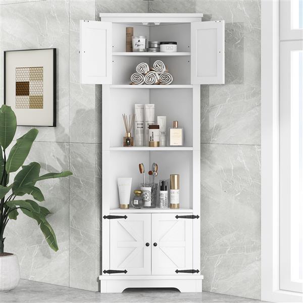 Tall Bathroom Storage Cabinet, Corner Cabinet with Doors and Adjustable Shelf, MDF Board, White