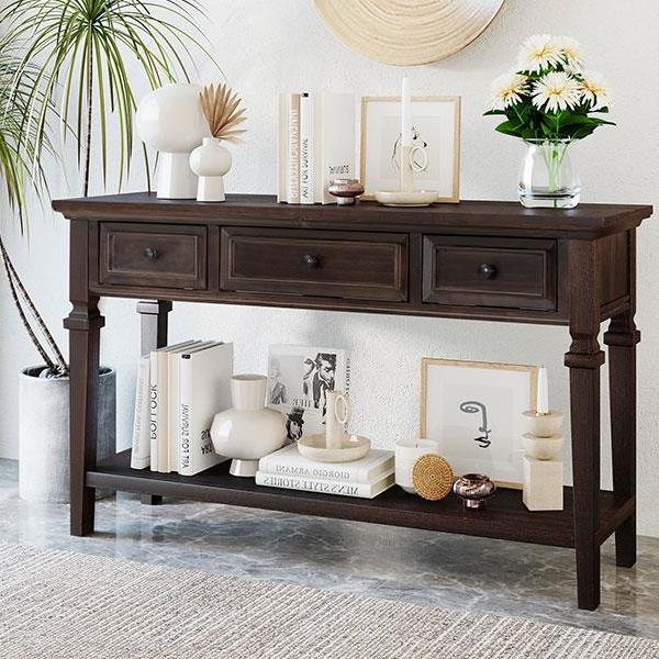 Classic Retro Style Console Table with Three Top Drawers and Open Style Bottom Shelf, Easy Assembly (Espresso)