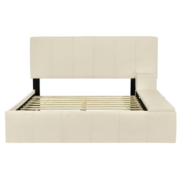 Full Size Upholstered Platform Bed with Lateral Storage Compartments and Thick Fabric, Velvet, Beige