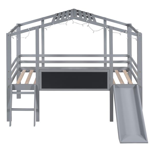 Twin Size Loft Bed with Ladder and Slide, House Bed with Blackboard and Light Strip on the Roof, Gray