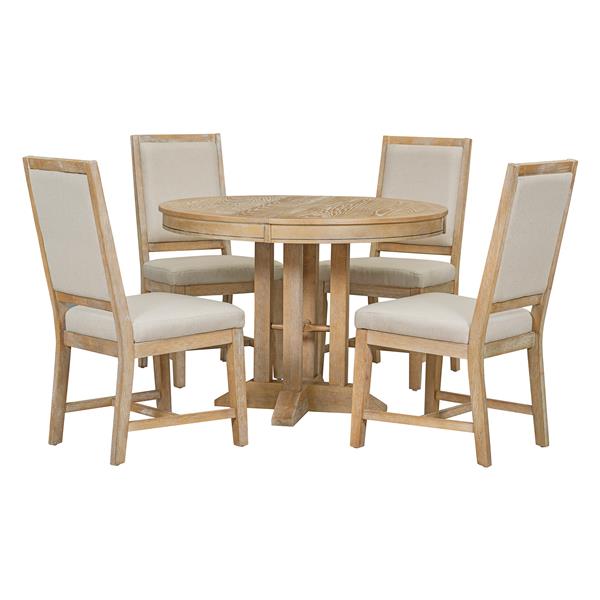 5-Piece Dining Set Extendable Round Table and 4 Upholstered Chairs Farmhouse Dining Set for Kitchen, Dining Room(Natural Wood Wash)